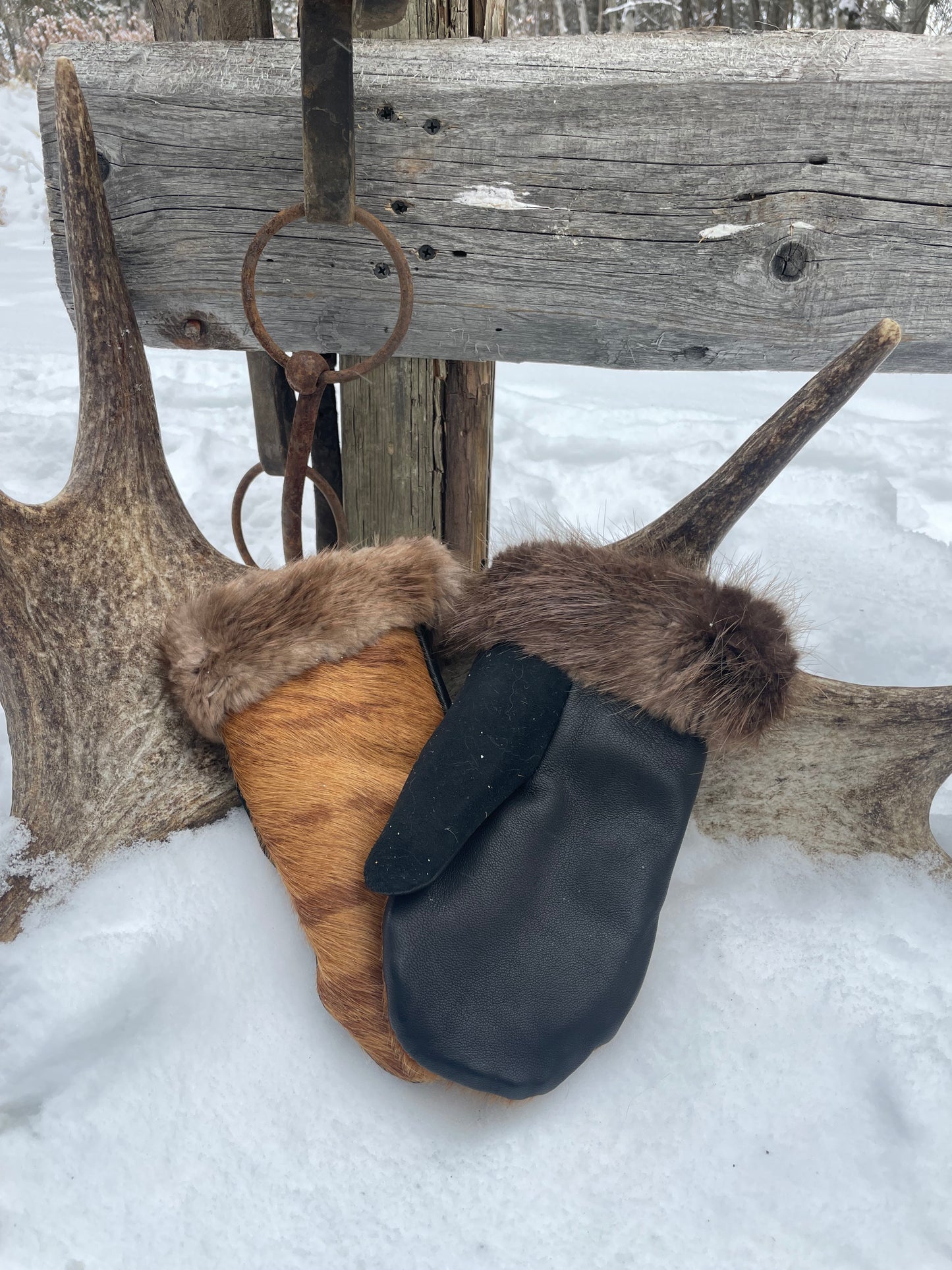 Beaver Trimmed, Cow Hair-on-Hide Uptown Mitts