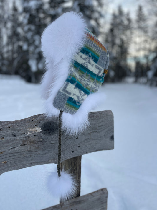 Limited Edition Grey Pendleton and Marble Fox Trapper's Hat with PomPoms