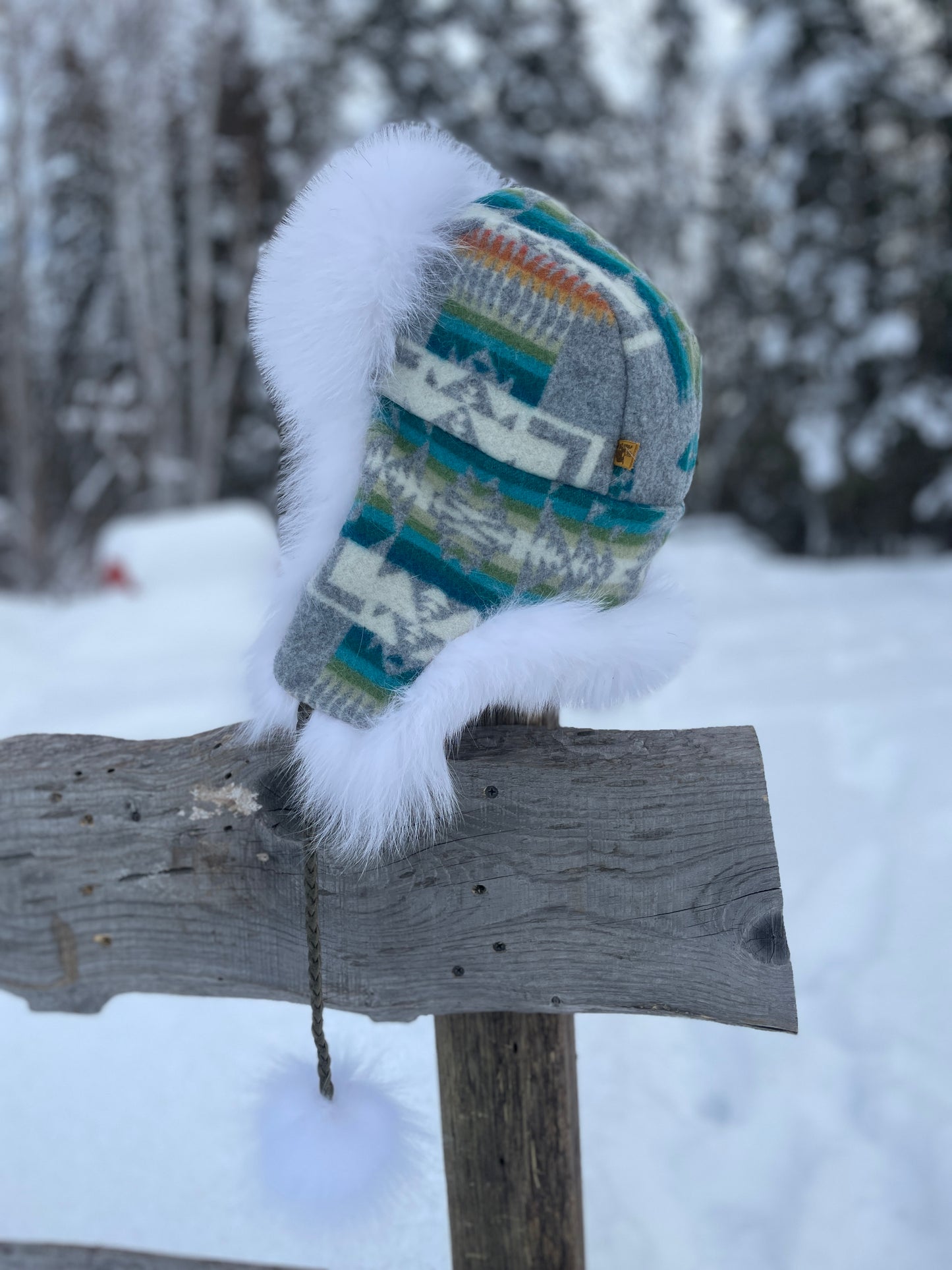 Limited Edition Grey Pendleton and Marble Fox Trapper's Hat with PomPoms