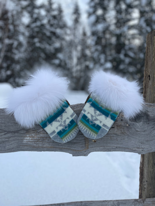 Limited Edition Grey Pendleton & White Marble Fox Mitts