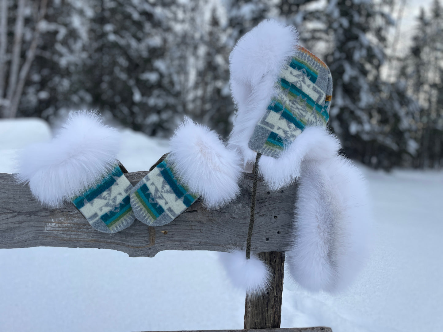 Limited Edition Grey Pendleton and Marble Fox Trapper's Hat with PomPoms