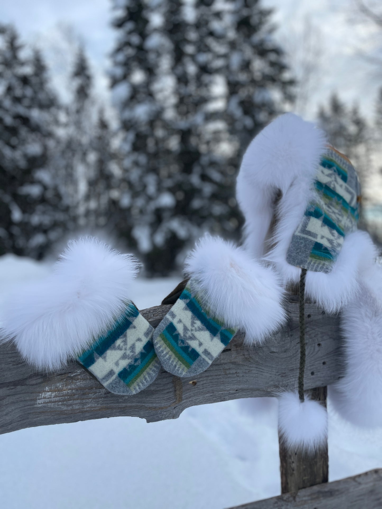 Limited Edition Grey Pendleton & White Marble Fox Mitts