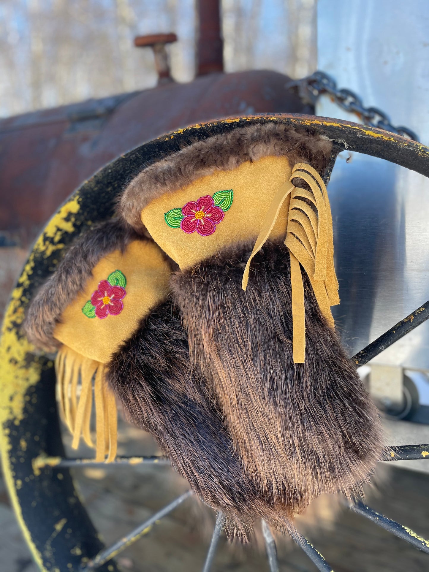 Custom Beaded Poppy Beaver Mitts